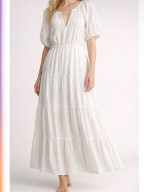 Betsey Johnson White Tiered Maxi Dress with Puff Sleeves